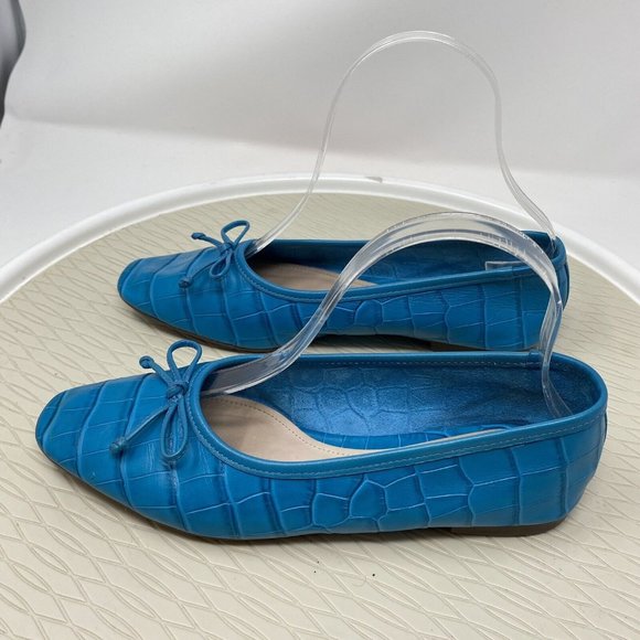 Schutz Teal Ballet Flats Size 7 Turquoise Blue Leather Shoes Bow Square Toe - Picture 3 of 10
